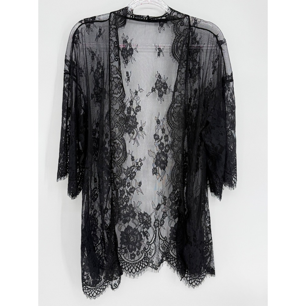 Avidlove Womens Black Floral Lace Sheer‎ Kimono Robe Cover Up Eyelash Trim Sz M